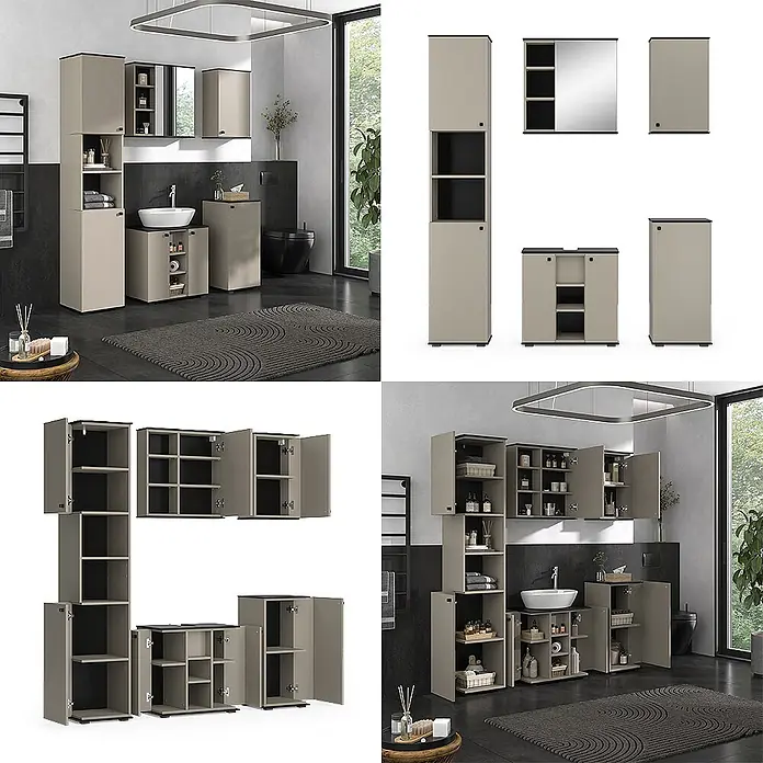 Vicco Badmöbel-Set Joli Greige 5 Teile - Greige, Matt - Modulares Badmöbel-Set in Taupe mit schwarzen Akzenten, im Badezimmer und als Einzelteile gezeigt, vielseitige Aufbewahrungsmöglichkeiten.