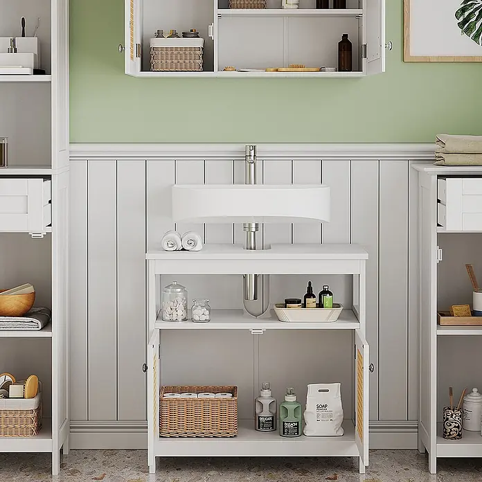 Vicco Badmöbel-Set Rosario Weiß 4 Teile, mit Hochschrank - Gesamtbreite Badmöbel: 124 cm, Weiß, Matt - Weißer Badunterschrank mit Waschbecken und offenem Stauraum, flankiert von Hochschränken.