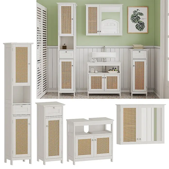 Vicco Badmöbel-Set Rosario Weiß 4 Teile, mit Hochschrank - Gesamtbreite Badmöbel: 124 cm, Weiß, Matt - Set weißer Badmöbel aus Holz mit Rattan-Details, bestehend aus Hochschränken, einem Waschtisch und einem Spiegelschrank.
