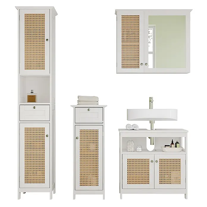 Vicco Badmöbel-Set Rosario Weiß 4 Teile, mit Hochschrank - Gesamtbreite Badmöbel: 124 cm, Weiß, Matt - Weißes Badezimmermöbel-Set mit Rattan-Details, inkl. Hochschränken, Spiegelschrank und Waschbeckenunterschrank.