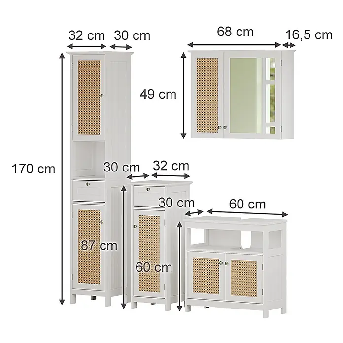 Vicco Badmöbel-Set Rosario Weiß 4 Teile, mit Hochschrank - Gesamtbreite Badmöbel: 124 cm, Weiß, Matt - Weißes Badezimmermöbelset mit Wiener Geflecht, bestehend aus Hochschrank, Wandschrank und Waschtischunterschrank.