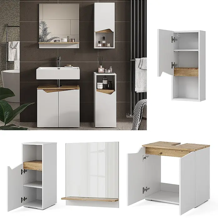 Vicco Badmöbel-Set Marelle Weiß 4 Teile - Gesamtbreite Badmöbel: 90 cm, Weiß, Matt - Weißes Badmöbelset mit hellen Holzdetails: Waschbeckenunterschrank, Hochschrank, Wandschrank und Spiegel.