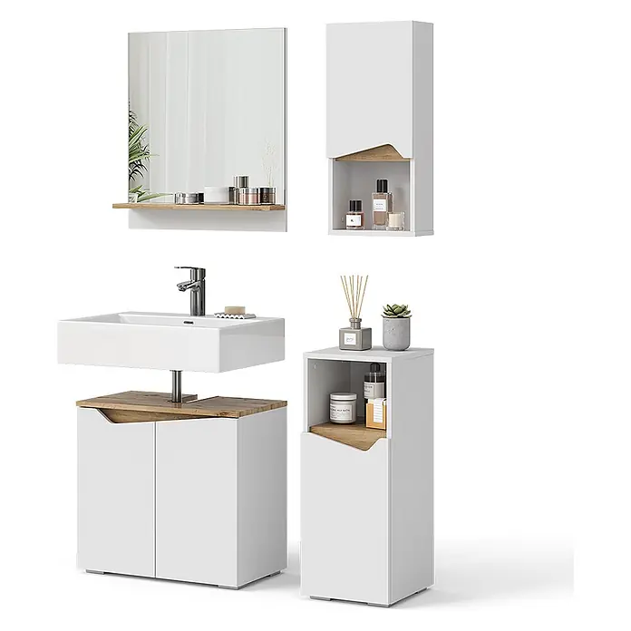 Vicco Badmöbel-Set Marelle Weiß 4 Teile - Gesamtbreite Badmöbel: 90 cm, Weiß, Matt - Weiß-holzfarbenes Badmöbelset mit Spiegel, Wandschrank, Waschbeckenunterschrank und Hochschrank.