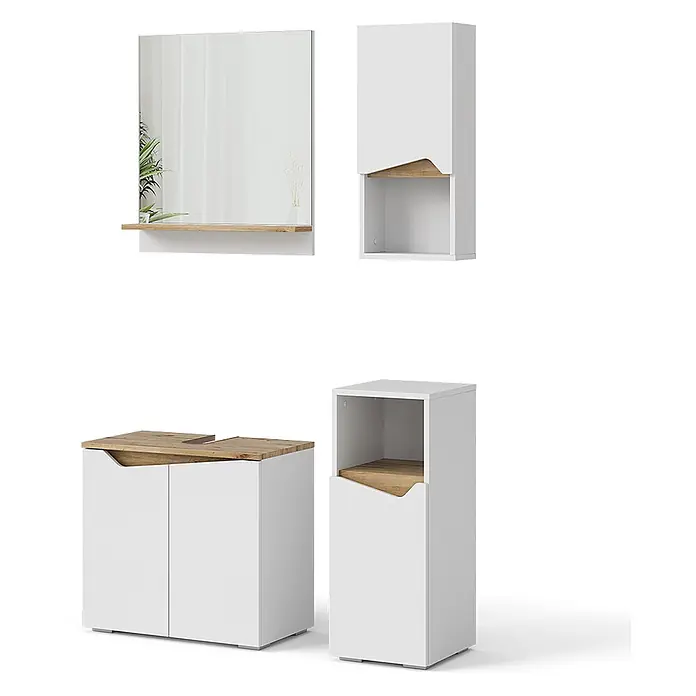 Vicco Badmöbel-Set Marelle Weiß 4 Teile - Gesamtbreite Badmöbel: 90 cm, Weiß, Matt - Modernes Badmöbel-Set in Weiß und hellem Holz, bestehend aus Spiegel, Hängeschrank, Waschtischunterschrank und Hochschrank.