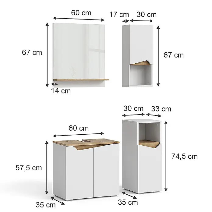 Vicco Badmöbel-Set Marelle Weiß 4 Teile - Gesamtbreite Badmöbel: 90 cm, Weiß, Matt - Weißes Badmöbel-Set mit hellen Holzdetails: Spiegel, Wandschrank, Waschtischunterschrank, Hochschrank.