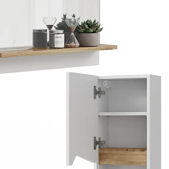 Vicco Badmöbel-Set Marelle Weiß 4 Teile - Gesamtbreite Badmöbel: 90 cm, Weiß, Matt - Weißer Schrank mit geöffneter Tür, Innenböden und Holz-Akzent-Boden. Ein passendes Wandregal ist zu sehen.