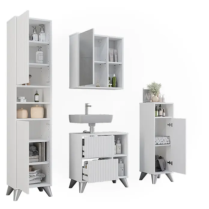 Vicco Badmöbel-Set Leano Weiß 4-teiliges Set - Weiß, Matt - Weißes geriffeltes Badmöbel-Set mit silbernen Beinen: Hochschrank, Spiegelschrank, Waschtisch, Kommode.