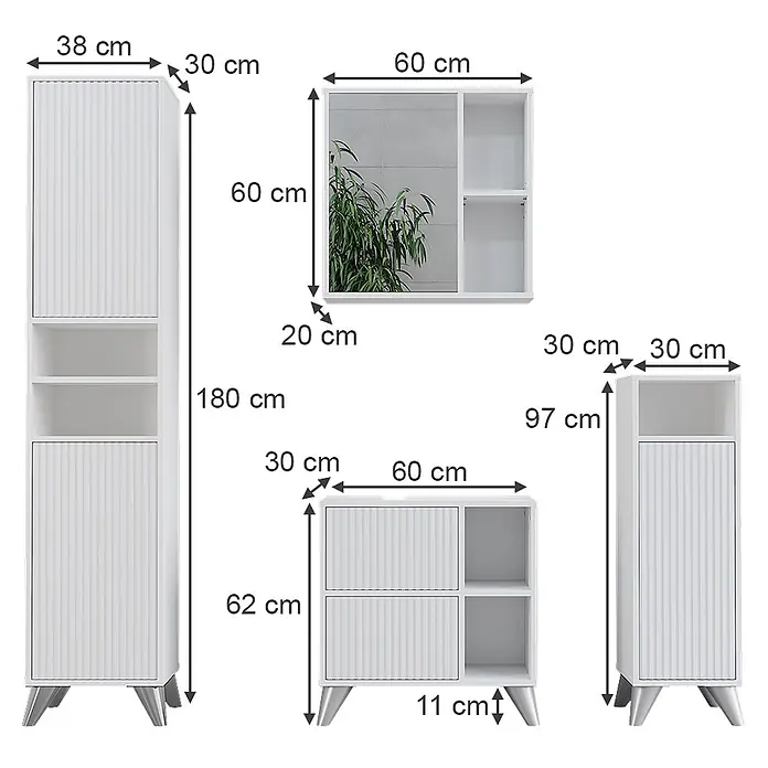 Vicco Badmöbel-Set Leano Weiß 4-teiliges Set - Weiß, Matt - Set moderner weißer Badmöbel (Hoch-, Unter-, Wand- und Spiegelschrank) mit Maßen.