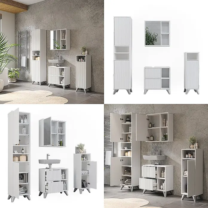 Vicco Badmöbel-Set Leano Weiß 4-teiliges Set - Weiß, Matt - Weißes Badmöbelset mit Lamellenfronten, verschiedenen Schränken (Hoch- und Waschtischunterschrank) und schrägen Beinen für modernen Stauraum.