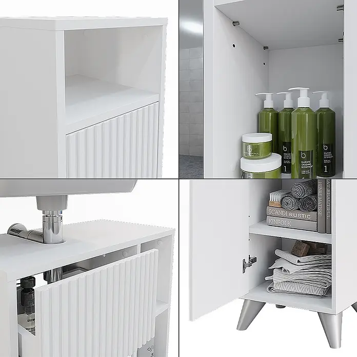 Vicco Badmöbel-Set Leano Weiß 4-teiliges Set - Weiß, Matt - Weißer Badezimmerschrank mit geriffelter Schubladen-/Türfront, offenen Fächern und optionalen Metallfüßen, für Badutensilien.