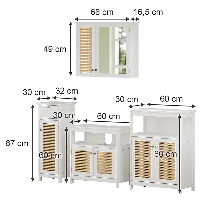 Vicco Badmöbel-Set Rosario Weiß 4 Teile, mit Midischrank - Gesamtbreite Badmöbel: 152 cm, Weiß, Matt - Weißes Holzmöbelset mit Rattentüren und -paneelen, inklusive Wandschrank, Hochschrank und zwei Unterschränken, mit Maßen.