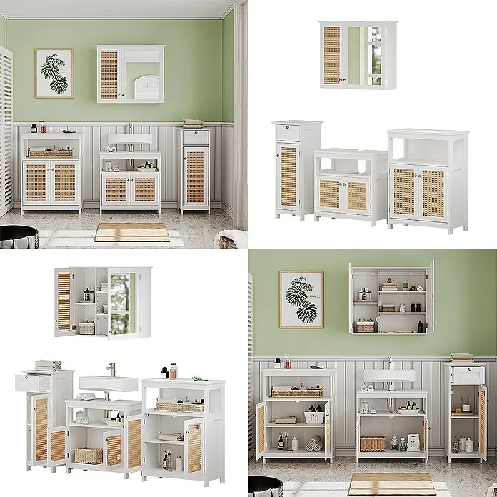 Vicco Badmöbel-Set Rosario Weiß 4 Teile, mit Midischrank - Gesamtbreite Badmöbel: 152 cm, Weiß, Matt - Weißes Badezimmermöbel-Set mit Rattan-Details: Spiegelschrank, Hochschrank, Waschtischunterschrank und Kommode.