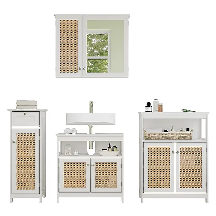 Vicco Badmöbel-Set Rosario Weiß 4 Teile, mit Midischrank - Gesamtbreite Badmöbel: 152 cm, Weiß, Matt - Weißes Badezimmermöbel-Set mit Rattan-Akzenten, bestehend aus Wandschrank, Waschtisch mit Waschbecken und zwei Aufbewahrungseinheiten.