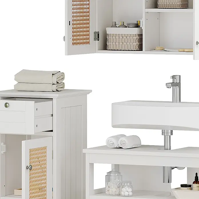Vicco Badmöbel-Set Rosario Weiß 4 Teile, mit Midischrank - Gesamtbreite Badmöbel: 152 cm, Weiß, Matt - Weiße Badmöbel mit geflochtenen Rattan-Akzenten und modernem Waschbecken bieten stilvollen Stauraum.