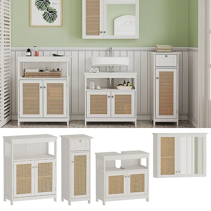 Vicco Badmöbel-Set Rosario Weiß 4 Teile, mit Midischrank - Gesamtbreite Badmöbel: 152 cm, Weiß, Matt - Weißes Badmöbel-Set mit Rattan-Türen: Waschtisch-, Stand-, Hochschrank und Spiegelschrank.