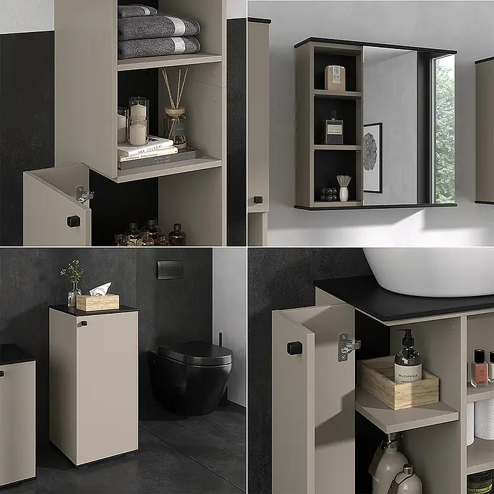 Vicco Badmöbel-Set Joli Greige 4 Teile, mit Hochschrank und Midischrank - Greige, Matt - Moderne, taupefarbene Badmöbel mit schwarzen Akzenten, darunter Hochschränke, ein Spiegelschrank und ein Waschtischunterschrank.