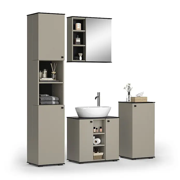 Vicco Badmöbel-Set Joli Greige 4 Teile, mit Hochschrank und Midischrank - Greige, Matt - Modulares Badmöbelset in Taupe mit schwarzen Akzenten, bestehend aus Hochschränken, Spiegelschrank und Waschtischunterschrank mit weißem Becken.