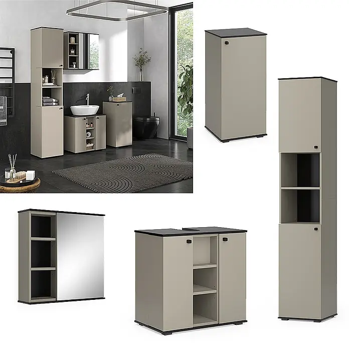 Vicco Badmöbel-Set Joli Greige 4 Teile, mit Hochschrank und Midischrank - Greige, Matt - Beiges Badezimmermöbel-Set mit schwarzen Akzenten, inkl. Waschtischschrank, Hochschrank und Spiegelschrank für stilvolle Aufbewahrung.
