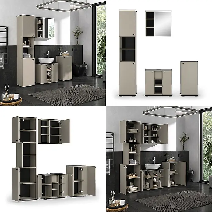Vicco Badmöbel-Set Joli Greige 4 Teile, mit Hochschrank und Midischrank - Greige, Matt - Modulares Badmöbel-Set in Beige/Taupe mit schwarzen Akzenten, bestehend aus Schränken und Spiegelschrank.