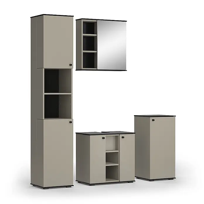Vicco Badmöbel-Set Joli Greige 4 Teile, mit Hochschrank und Midischrank - Greige, Matt - Beigefarbenes/taupe modulares Badmöbelset mit dunklen Akzenten, inkl. Schränken und Spiegelschrank.