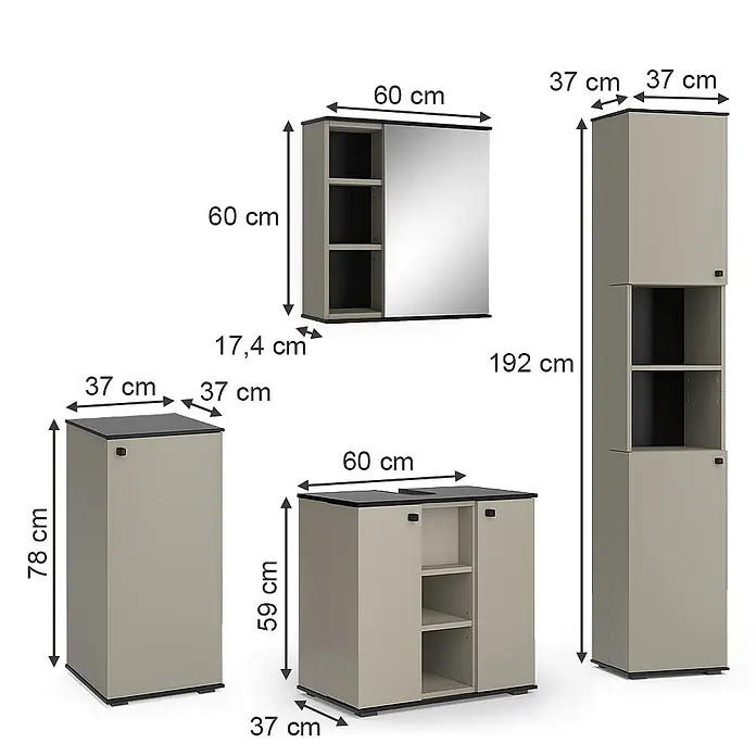 Vicco Badmöbel-Set Joli Greige 4 Teile, mit Hochschrank und Midischrank - Greige, Matt - Modulares Badezimmermöbelset in Beige/Taupe mit dunklen Platten, inklusive Spiegelschrank, Hochschrank und Unterschränken.