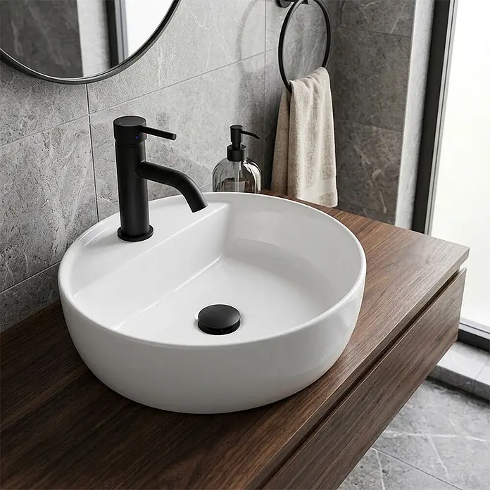 Kiamami Valentina Waschtischarmatur - Schwarz - Weißes rundes Keramik-Aufsatzwaschbecken mit matt-schwarzem Wasserhahn und Ablauf auf Holzwaschtisch.