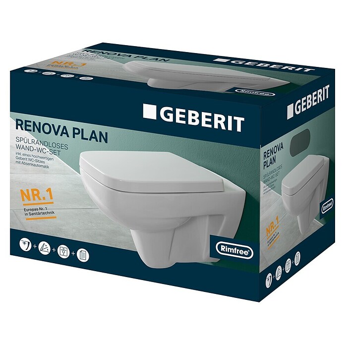 Geberit Renova Nr. 1 Plan Spülrandloses Wand-WC-Set (Mit WC-Sitz, Tiefspüler, Weiß)