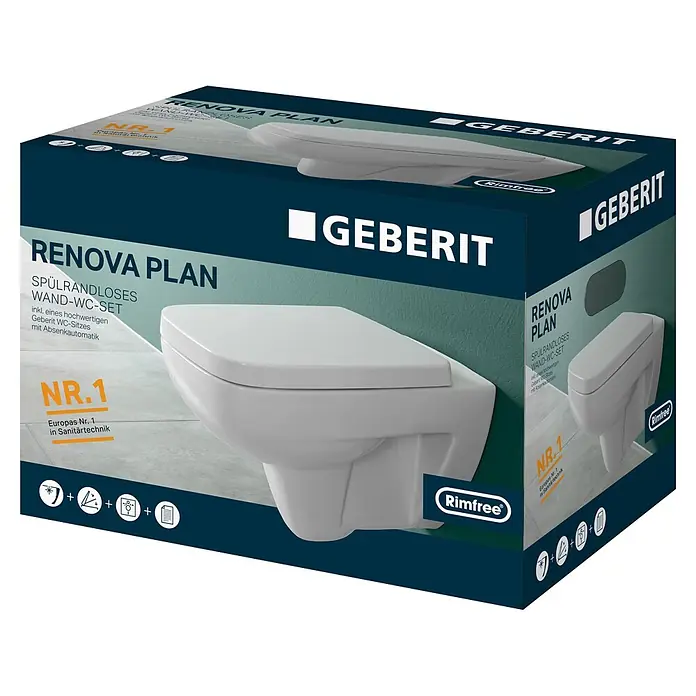 Geberit Renova Plan Wand-WC-Set - Spülrandlos, Ohne Spezialglasur, Spülform: Tief, WC Abgang: Waagerecht, Sichtbarkeit Befestigung: Verdeckt - Dunkelblaue Geberit Renova Plan WC-Set-Verpackung mit Bild eines weißen spülrandlosen Wand-WCs und 'Rimfree'-Logo.
