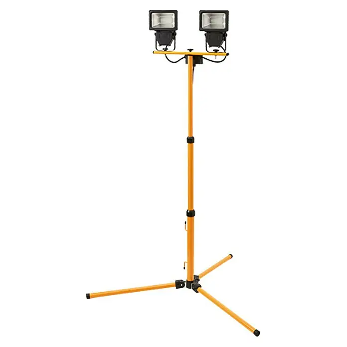 Profi Depot Proyector LED - 40 W, 1.200 lm, 4.000 K, IP44 - Focos de trabajo dobles sobre un trípode amarillo. Los focos son negros y proporcionan iluminación brillante para obras.