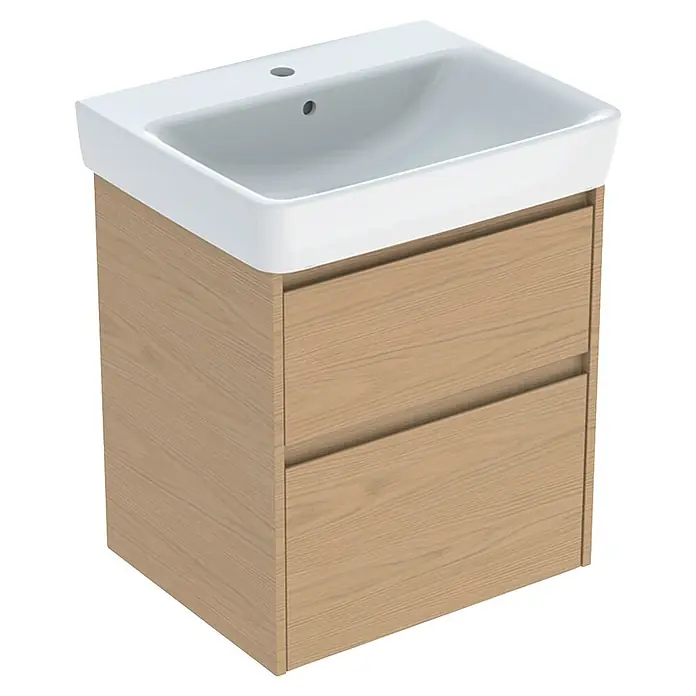 Geberit Renova Plan Badmöbel-Set - Gesamtbreite Badmöbel: 60 cm, Eiche Natur, Inkl. Aufsatzwaschbecken - Weißes Keramikwaschbecken auf einem Waschtischunterschrank in heller Holzoptik mit zwei Schubladen.