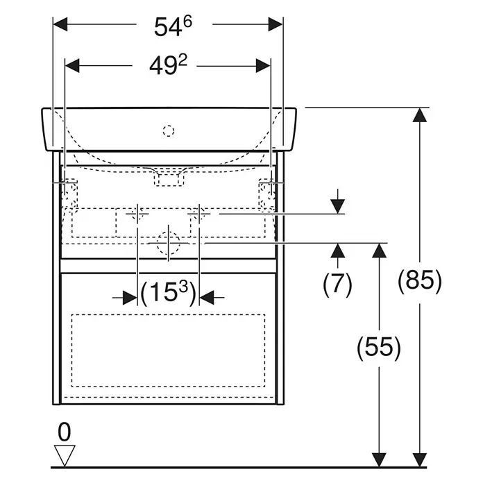 Geberit Renova Plan Badmöbel-Set - Gesamtbreite Badmöbel: 60 cm, Lava, Seidenmatt, Inkl. Aufsatzwaschbecken - Technische Zeichnung eines Badmöbels mit Vorderansicht und Einbaumaßen.