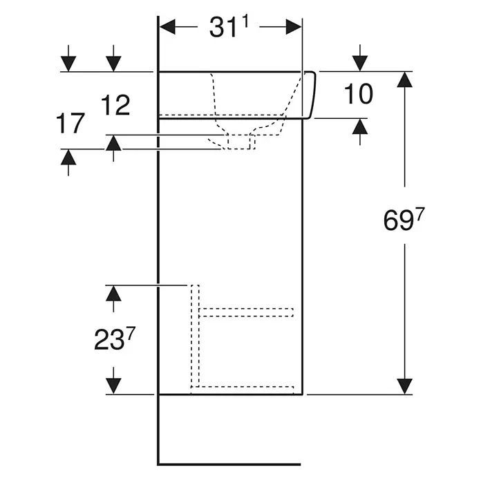 Geberit Renova Plan Badmöbel-Set - Gesamtbreite Badmöbel: 45 cm, Lava, Seidenmatt, Inkl. Aufsatzhandwaschbecken - Technische Zeichnung mit Maßen für eine Einbauküchenkomponente, mit einer Gesamthöhe von 697 Einheiten und einer oberen Breite von 311 Einheiten.