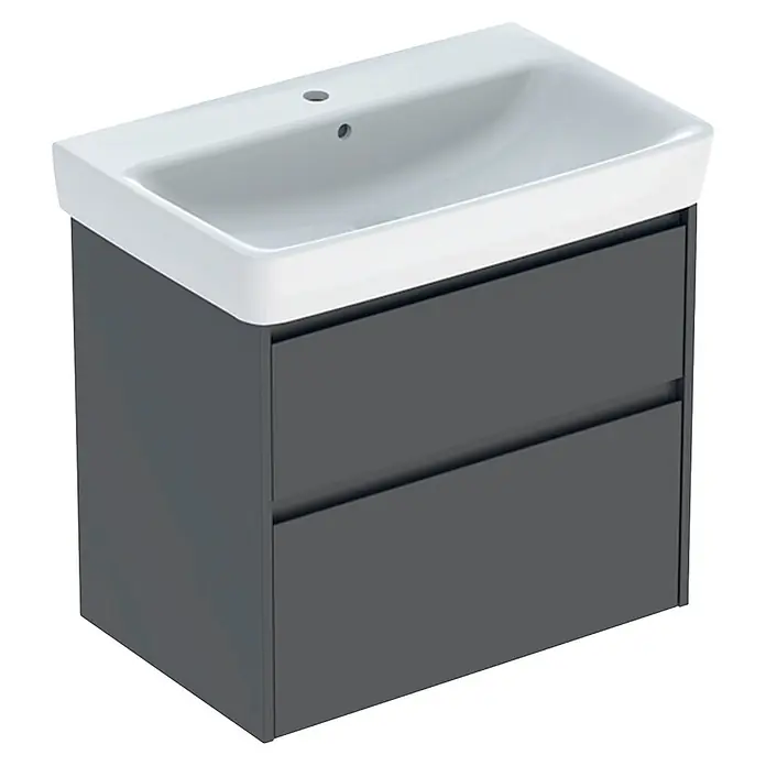 Geberit Renova Plan Badmöbel-Set - Gesamtbreite Badmöbel: 75 cm, Lava, Seidenmatt, Inkl. Aufsatzwaschbecken - Grauer Badunterschrank mit zwei Schubladen und integriertem weißem Keramikwaschbecken.