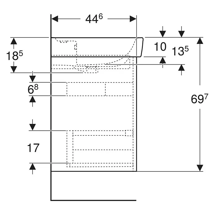 Geberit Renova Plan Badmöbel-Set - Gesamtbreite Badmöbel: 60 cm, Lava, Seidenmatt, Inkl. Aufsatzwaschbecken - Technische Seitenansicht eines wandmontierten Waschbeckens mit Bemaßungen.