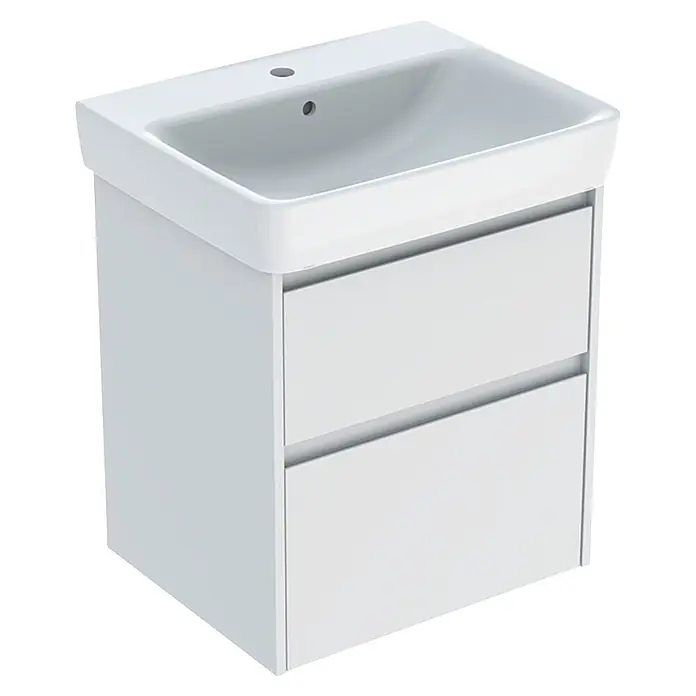 Geberit Renova Plan Badmöbel-Set - Gesamtbreite Badmöbel: 60 cm, Weiß, Seidenmatt, Inkl. Aufsatzwaschbecken - Weißes Keramik-Wandwaschbecken mit integriertem Zweischubladen-Unterschrank.