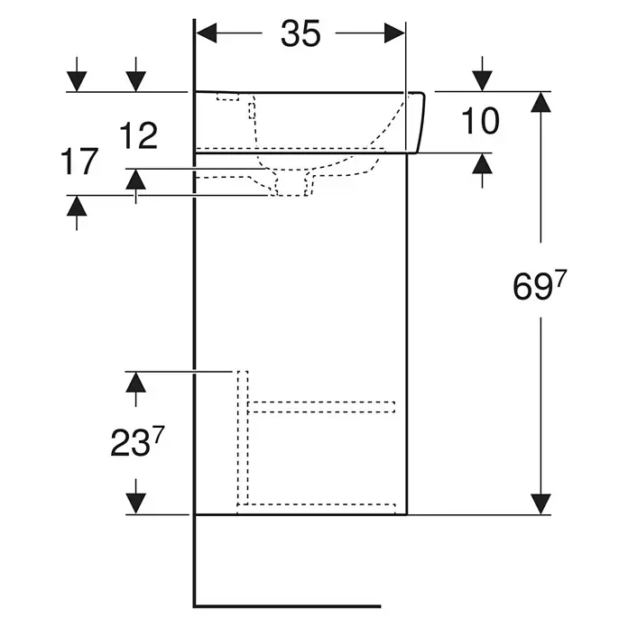 Geberit Renova Plan Badmöbel-Set - Gesamtbreite Badmöbel: 50 cm, Lava, Seidenmatt, Inkl. Aufsatzhandwaschbecken - Technische Zeichnung mit Beckenmaßen: Breite 35, Tiefe 10, Gesamthöhe 697 und spezifische Installationsmaße.