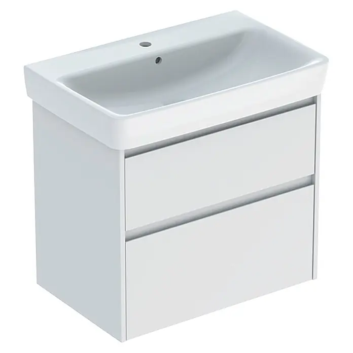 Geberit Renova Plan Badmöbel-Set - Gesamtbreite Badmöbel: 75 cm, Weiß, Seidenmatt, Inkl. Aufsatzwaschbecken - Weißer wandhängender Badunterschrank mit integriertem Waschbecken und zwei Schubladen.