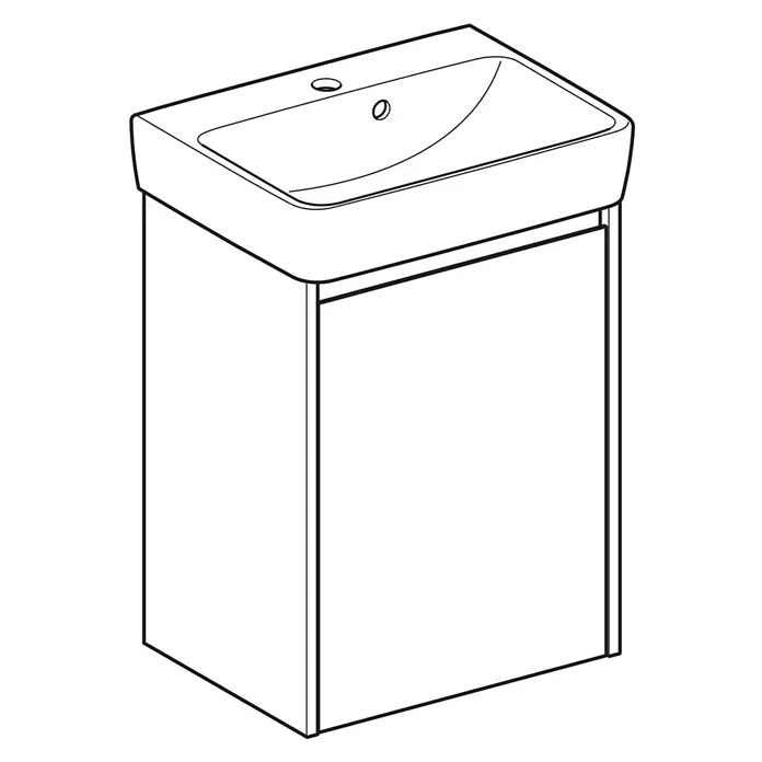 Geberit Renova Plan Badmöbel-Set - Gesamtbreite Badmöbel: 50 cm, Lava, Seidenmatt, Inkl. Aufsatzhandwaschbecken - Weißes, rechteckiges Keramikwaschbecken, integriert in einen Badunterschrank mit einer Tür.