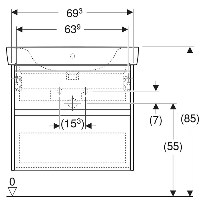 Geberit Renova Plan Badmöbel-Set - Gesamtbreite Badmöbel: 75 cm, Lava, Seidenmatt, Inkl. Aufsatzwaschbecken - Technische Zeichnung, Vorderansicht, eines Waschtischunterschranks mit Waschbecken, mit Hauptabmessungen.