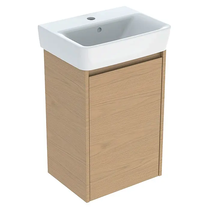 Geberit Renova Plan Badmöbel-Set - Gesamtbreite Badmöbel: 45 cm, Eiche Natur, Inkl. Aufsatzhandwaschbecken - Weißes Keramikwaschbecken mit Wasserhahnloch und Überlauf, integriert in einen hellen Holz-Waschtischunterschrank mit einer Tür.