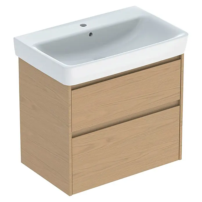 Geberit Renova Plan Badmöbel-Set - Gesamtbreite Badmöbel: 75 cm, Eiche Natur, Inkl. Aufsatzwaschbecken - Badezimmer-Waschtischunterschrank mit weißem Keramikwaschbecken und hellem Holz-Optik-Schrank mit zwei Schubladen.