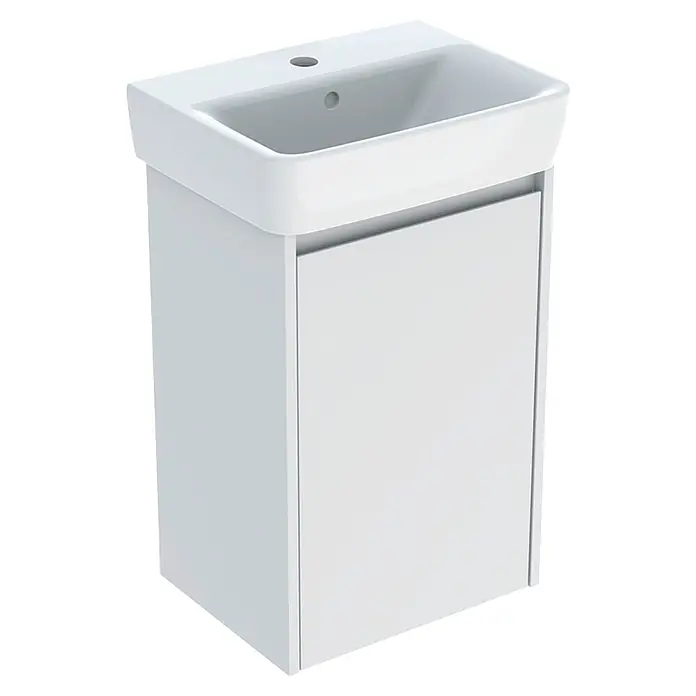 Geberit Renova Plan Badmöbel-Set - Gesamtbreite Badmöbel: 45 cm, Weiß, Seidenmatt, Inkl. Aufsatzhandwaschbecken - Weißer Badunterschrank mit integriertem Keramikwaschbecken und Schranktür.