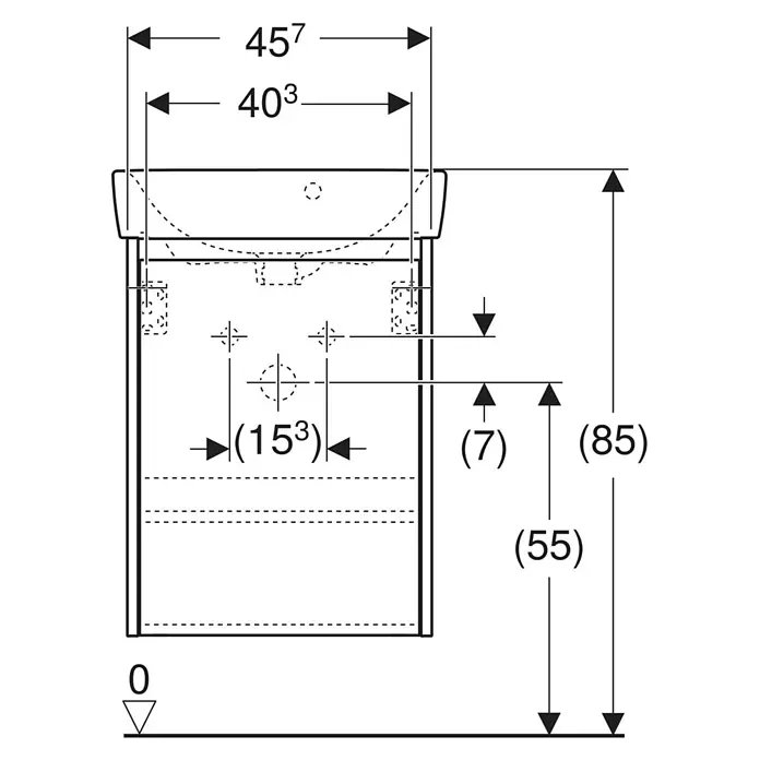 Geberit Renova Plan Badmöbel-Set - Gesamtbreite Badmöbel: 50 cm, Lava, Seidenmatt, Inkl. Aufsatzhandwaschbecken - Technische Zeichnung eines Badmöbels mit Maßen: Gesamthöhe 85cm, Breite 457mm, Tiefe 403mm.