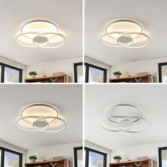 Lindby Deckenleuchte Riley - weiß / opal - Moderne graue Deckenleuchte mit drei ineinandergreifenden LED-Ringen.