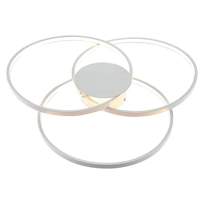 Lindby Deckenleuchte Riley - weiß / opal - Moderne LED-Deckenleuchte mit drei ineinandergreifenden silberfarbenen Leuchtringen.