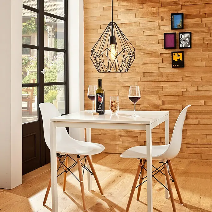 Eglo Lámpara colgante redonda Carlton - Altura: 110 cm, Negro - Una mesa de comedor con dos sillas, una botella de vino y copas, iluminada por una lámpara de alambre colgante, crea un ambiente acogedor.