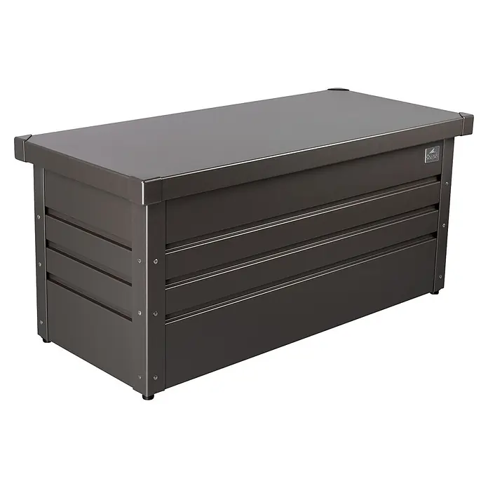 Kissenbox - 101 x 46 x 46,5 cm, Metall, Anthrazit - Dunkelgraue Outdoor-Aufbewahrungsbox aus Metall mit flachem Deckel und gerippten Seiten.