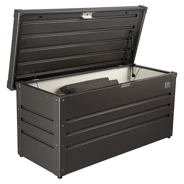 Kissenbox - 101 x 46 x 46,5 cm, Metall, Anthrazit - Anthrazitfarbene Aluminium-Stauraumbox, offen, mit weißem Innenraum und Gasfeder.