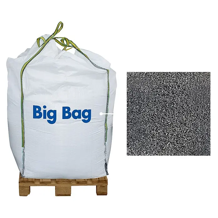 EHL Splitt - Körnung: 16 mm - 32 mm, Big Bag, 0,5 m³ - Weißer Big Bag (FIBC) auf Holzpalette, gefüllt mit dunkelgrauem Granulat. Nahaufnahme des Materials.