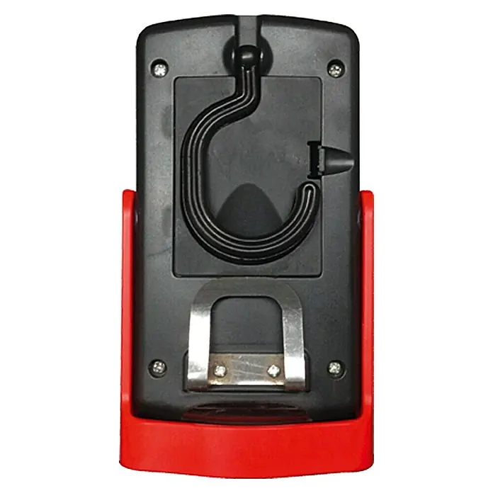 BAUHAUS Luz LED 21+3 - 120 x 68 x 35 mm, 60 lm - Vista trasera de una lámpara de trabajo negra y roja con gancho y clip para una fijación segura.